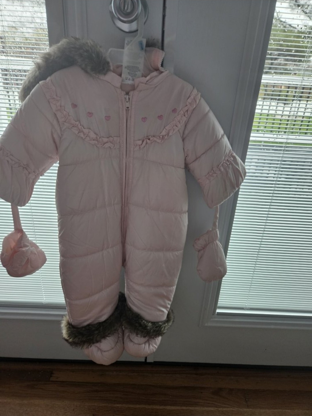 Baby Pink Puffer One-Piece Snowsuit with Faux Fur Trim